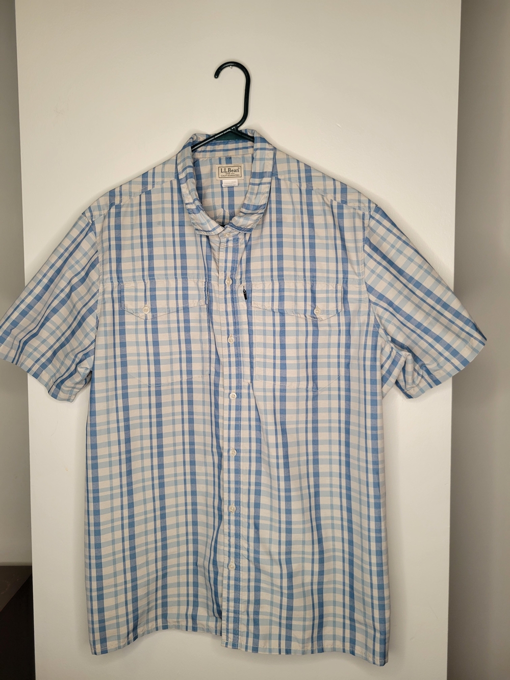L.L.Bean XL Blue White Plaid Fishing Shirt Outdoor Short Sleeve Button Up